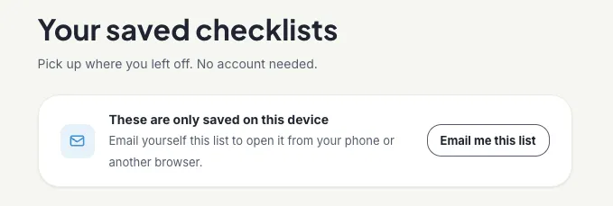 The “email me this list” flow: entering an email, then the synced confirmation state