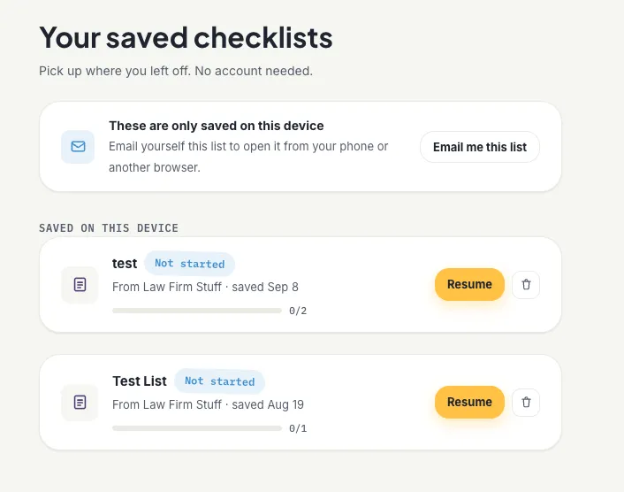 A single saved checklist card showing the title, sender, progress bar, and Resume button
